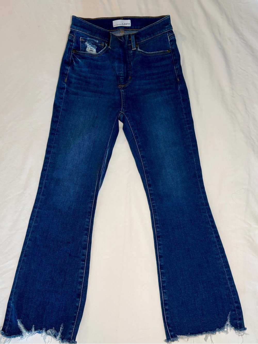 LOFT Womens 24 Distressed Flare Jeans High Rise Raw Hem Dark Wash -The Kick Crop